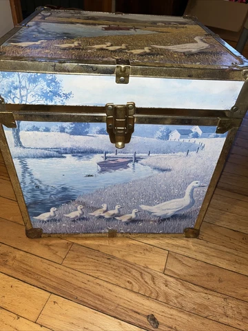 Vintage Duck Scene Pond Wood Brass Storage 16” Tall Trunk Box Cover