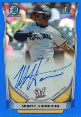 2014 Bowman Chrome Autographs Blue Refractors #BCAMH Monte Harrison 036/150 - Image 1 of 2