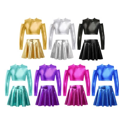 Girls Hip Hop Jazz Street Dance Outfit Off Shoulder Crop Top with Metallic Skirt - Image 1 of 3