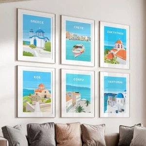 Greece Travel Print Set of 6, Greek Island Gallery Wall Art Coastal Decor - Picture 1 of 10