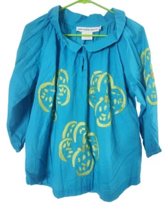 Gretchen Scott Womens M Floral Top 3/4 Sleeve Shirt Embroidered Blue Art To Wear - Picture 1 of 6