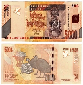2022 Congo P102 5000 Francs Banknote UNC Zebras NEW - Picture 1 of 1