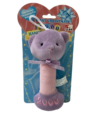 Vtg DanDee First Christmas Year 2000 Ornament Rattle Pink Purple Bear Soft Plush - Image 1 of 4