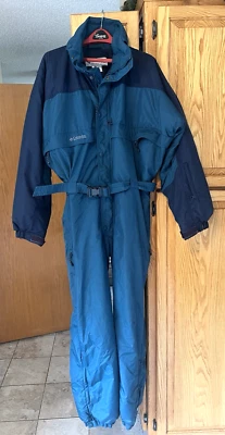 Macacão de neve vintage Columbia masculino azul-petróleo e azul marinho uma peça com cinto GG - Imagem 1 de 4