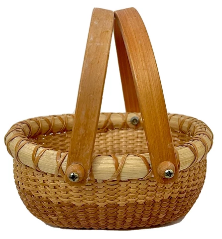 Nantucket Lightship Oval Mini Basket Woven Swivel Handle Rattan Wood Base 6” Cover