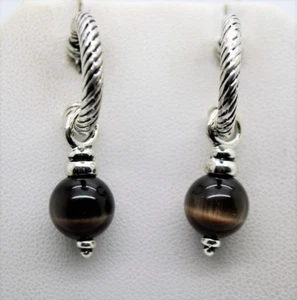 A-53 Urbanity style rhodium hoop Brown cat eye ball Shape drop fashion earring - Picture 1 of 3