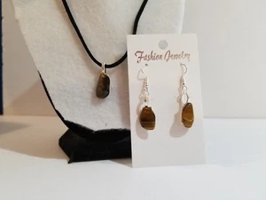 Juego de joyas de collar y pendientes de cordón negro piedra ojo de tigre hecho a mano - Imagen 1 de 12