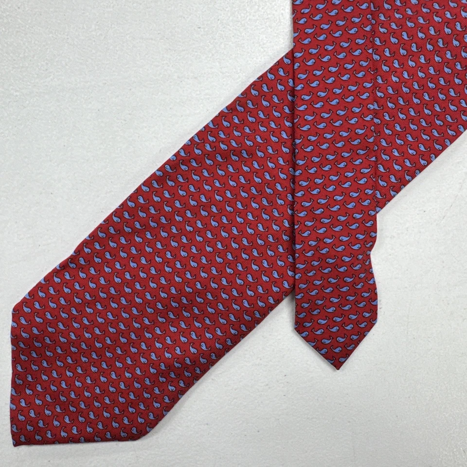 Gravata masculina Brooks Brothers EUA padrão baleia vermelha e azul 100% seda pescoço - Imagem 1 de 4