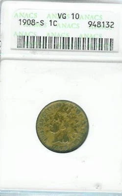 1908-S Indian Cent : ANACS VG10 - Image 1 of 2