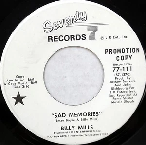 BILLY MILLS 45 Sad Memories SEVENTY 7 Modern SOUL White Label PROMO DD175 - Bild 1 von 2