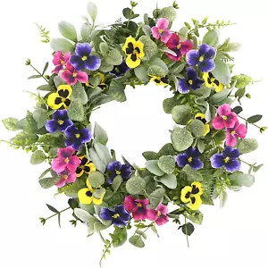 Artificial Spring Summer Wreath with Pansy Flowers,Flocked Lamb Ear Leaves,Eucal - Picture 1 of 12
