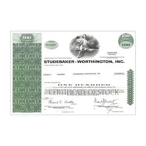 Studebaker-Worthington Stock Certificate // 100 Shares // Green // 1960-70s - Foto 1 di 2