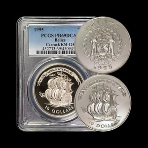 BELIZE. 1995, 10 Dollars, Silver - PCGS PR69 - Top Pop 🥇 Carrack Sailing Ship - Picture 1 of 9