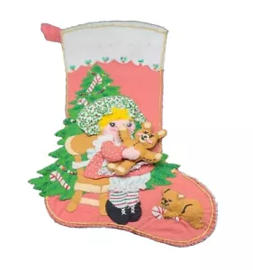BUCILLA Finished Felt Christmas 18" Pink Stocking Holly Berry #82074 Girl w/bear - Picture 1 of 5