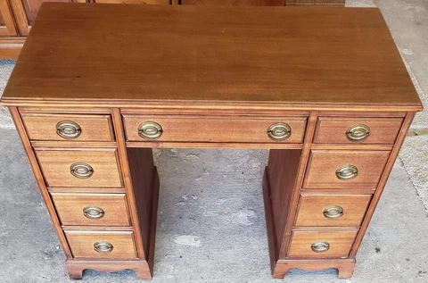 SALE Executive pedestal kneehole Desk original brass hardware Vintage Cover