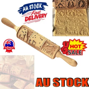 Christmas Wooden Embossing Rolling Pin Engraved Baking Cookies Cake Roller DPB - Picture 1 of 15