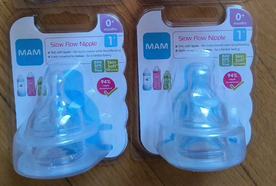 4 соски MAM Bottle Nipples Slow Flow размер 1 для новорожденных 0+ две двойные упаковки - Изображение 1 из 2