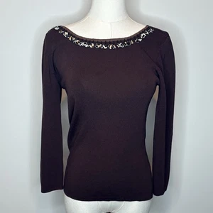 Vintage J.A.C. Brown Long Sleeve Top Women Small Leopard Trim Knit Classic - Picture 1 of 10