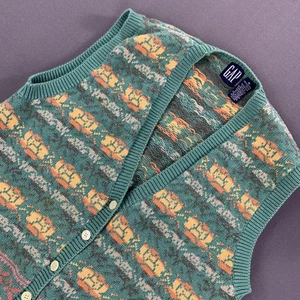 Vintage GAP Pullover Weste Herren Medium grün türkis Fair Isle Strick Knopfleiste hergestellt in UK - Bild 1 von 10