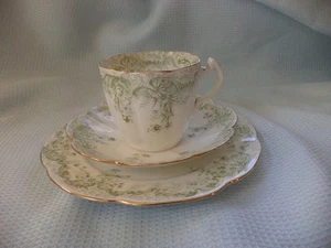 1894-1910 Shelley Wileman Foley Sage Green Fern Pattern Trio Cup Saucer Plate - Picture 1 of 11