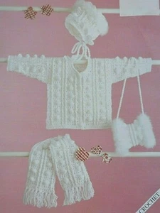 (74) CROCHET PATTERN - ARAN BABY CHILDREN JACKET SCARF MUFF HAT SIZE 18" - 22" - Picture 1 of 3
