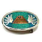 Vintage 925 Sterling MEKSYK Azteccy Majowie Inlay Pasek Klamra Piramida 26 gramów