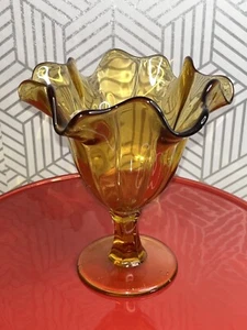 Vintage MCM Italian Amber Glass Handkerchief Vase Pedestal Bowl Ruffle Rim 1960s - Picture 1 of 7