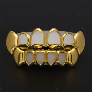 18K Gold Plated Open Mouth Grills Top & Bottom Teeth Caps Prom Halloween
