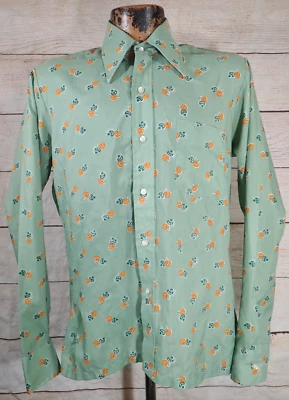 Vtg 60s Disco Shirt Mens M Green Orange Floral Flower Print Boogie Nights MCM - Image 1 of 4
