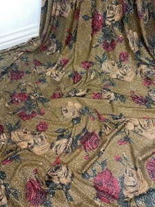 1 mtr antique gold floral rose print moonlight sparkly glitter stretch fabric - Picture 1 of 6