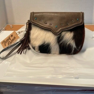 NUEVO CON ETIQUETAS Tony Lama Western Brindle Cuero de Vaca Muñequera Cartera Bolso sin asas Cartera Divertido Foto 1 de 4