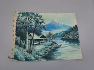 50's Japanese Blue Silk Thread Art Mt Fuji Mountain Water Huts Boat Vintage 12" - Picture 1 of 13