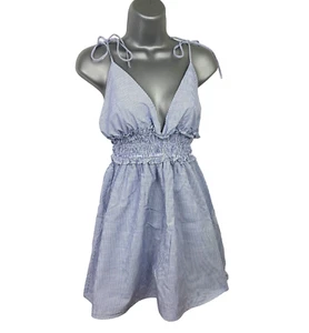 Zara Blue Pinstripe Midi Dress Shirred Waist Tie Shoulder Women’s UK Size XS  - Bild 1 von 5