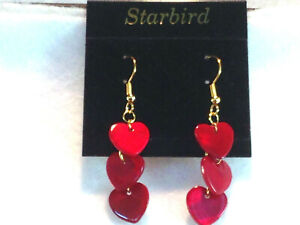RED HEART MOTHER OF PEARL   PEARLESCENT SEASHELL DANGLE EARRINGS 80's VIN