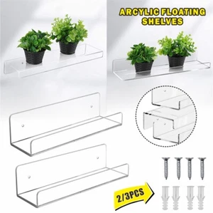 Clear Acrylic Floating Shelves Bathroom/Home Wall Mounted Storage Display Shelf - Picture 1 of 15