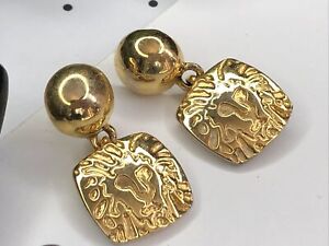 Signed AK ANNE KLEIN Gold Tone Dangle LION Post Earrings