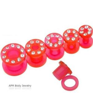 PAIR UV CZ RED ACRYLIC SCREW FIT EAR PLUGS EARLETS GAUGES TUNNELS 8g 6g 4g 2g 0g