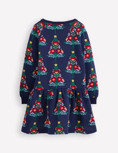 Acogedor Vestido Sudadera Boden Azul Marino Árboles de Navidad Niña 6-7 Nuevo con Etiquetas - Imagen 1 de 2