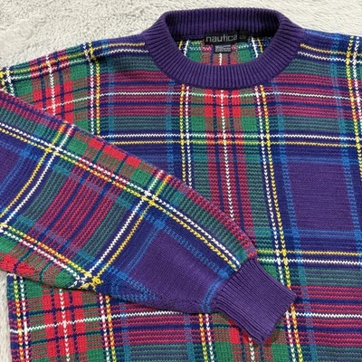 Vintage Nautica Sweater Mens Large Plaid Crewneck Pullover Hong Kong 90s - Image 1 of 4