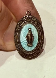 Antique Art Deco Sterling Silver Miraculous Mary Medal Blue Enamel - Picture 1 of 3