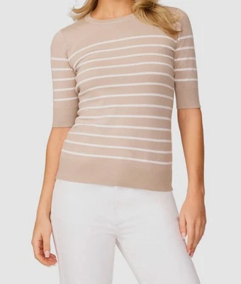 Suéter Melissa Paige Mujer Beige Rayas Cuello Redondo Manga Codo Talla Pequeña PM Foto 1 de 3