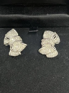 MID CENTURY 950 PLATINUM DIAMOND BOW EARRINGS - PIERCED EAR OMEGA BACK - 24.6g - Picture 1 of 20