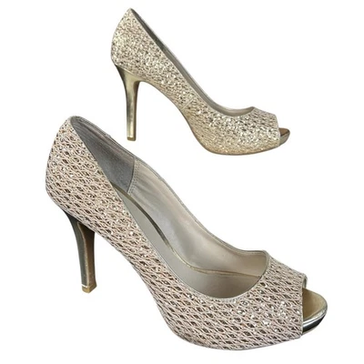 Audrey Brooke Pumps Women Size 9 Gold Glitter Peep Toe Glam Party Holiday Heels  - Image 1 of 4