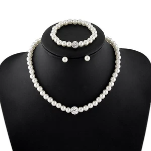 Womens Bride Wedding Set Rhinestone Faux Pearl Necklace Bracelet Earrings~R - Foto 1 di 7