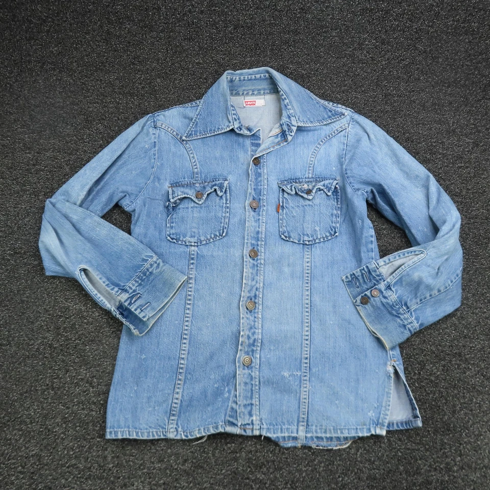 Vtg Levis Denim Shirt Men Medium Blue Western Sawtooth Orange Tab 70s Distressed - Image 1 of 4