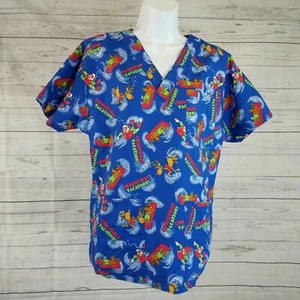Comfy Cotton Scrub Womens Top Sz Small Santa Reindeer Blue Red - Picture 1 of 4