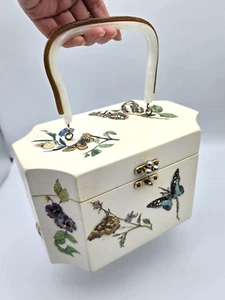 VTG Butterfly Raised Decoupage Box Purse Makeup Case Lucite Handle Retro Boho 9" - Picture 1 of 15