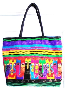 Vintage LAUREL BURCH Large CanvasTote Bag Colorful Cats & Stripes Boho - Picture 1 of 9