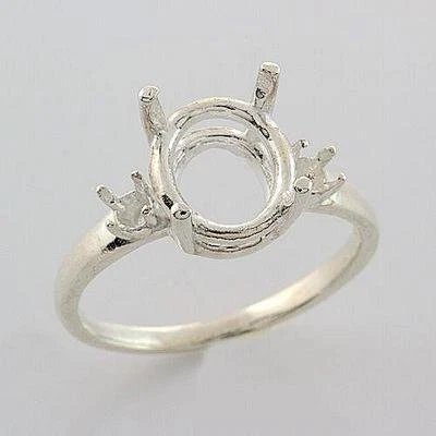 Sterling(10x8mm - 14x10mm) Oval with 3mm Accents Ring Mounting (Ring Size 5-11 ) - Image 1 of 4