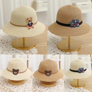 Baby Toddler Summer Straw Hat Kids Boys Girls Cartoon Bear Beach Sun Cap Holiday - Picture 1 of 23